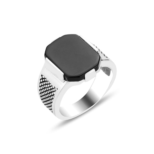 Men Silver Classic Minimal Onyx Gemstone Ring